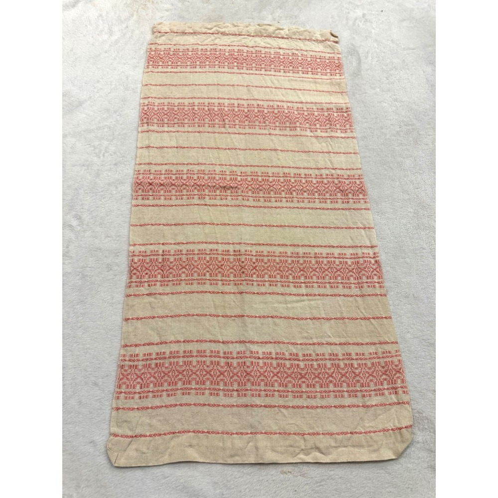 Vintage Woven Geometric Table Runner Coral Red Cream Boho Textile 34x16